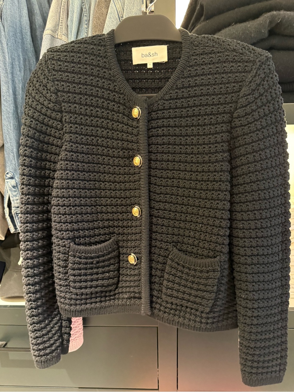 ba&sh Black and light pink Crocheted Knit Button Cardigan with Gold Buttons